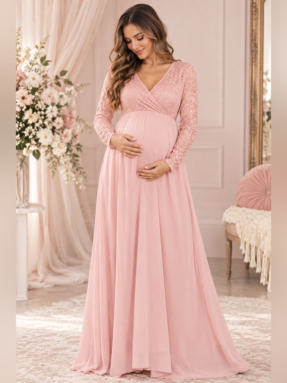 Pink Lace Flowy A-Line Maternity Wrap Gown with Chiffon Long Sleeve-Small